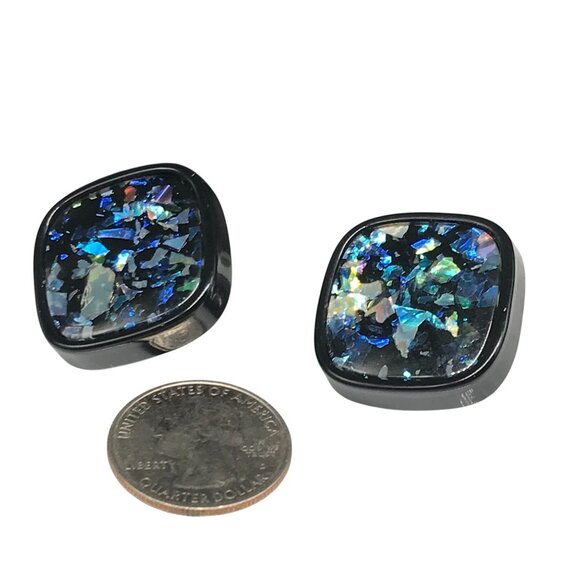 Vintage Black Confetti Lucite Earrings, Square Clip On with Abalone Flakes - Picture 5 of 5